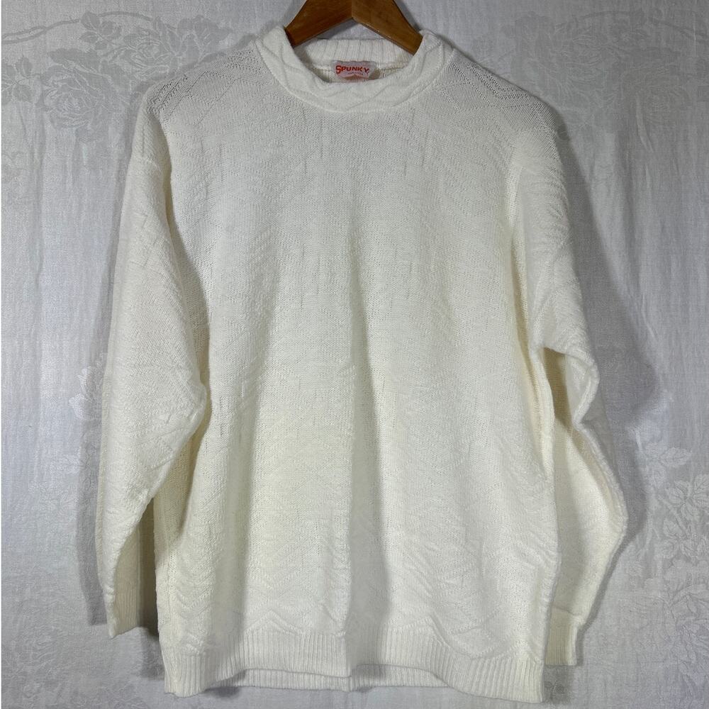 Vintage Sweater Small White Textured Knit Crew Neck USA Made Spunky Acrylic